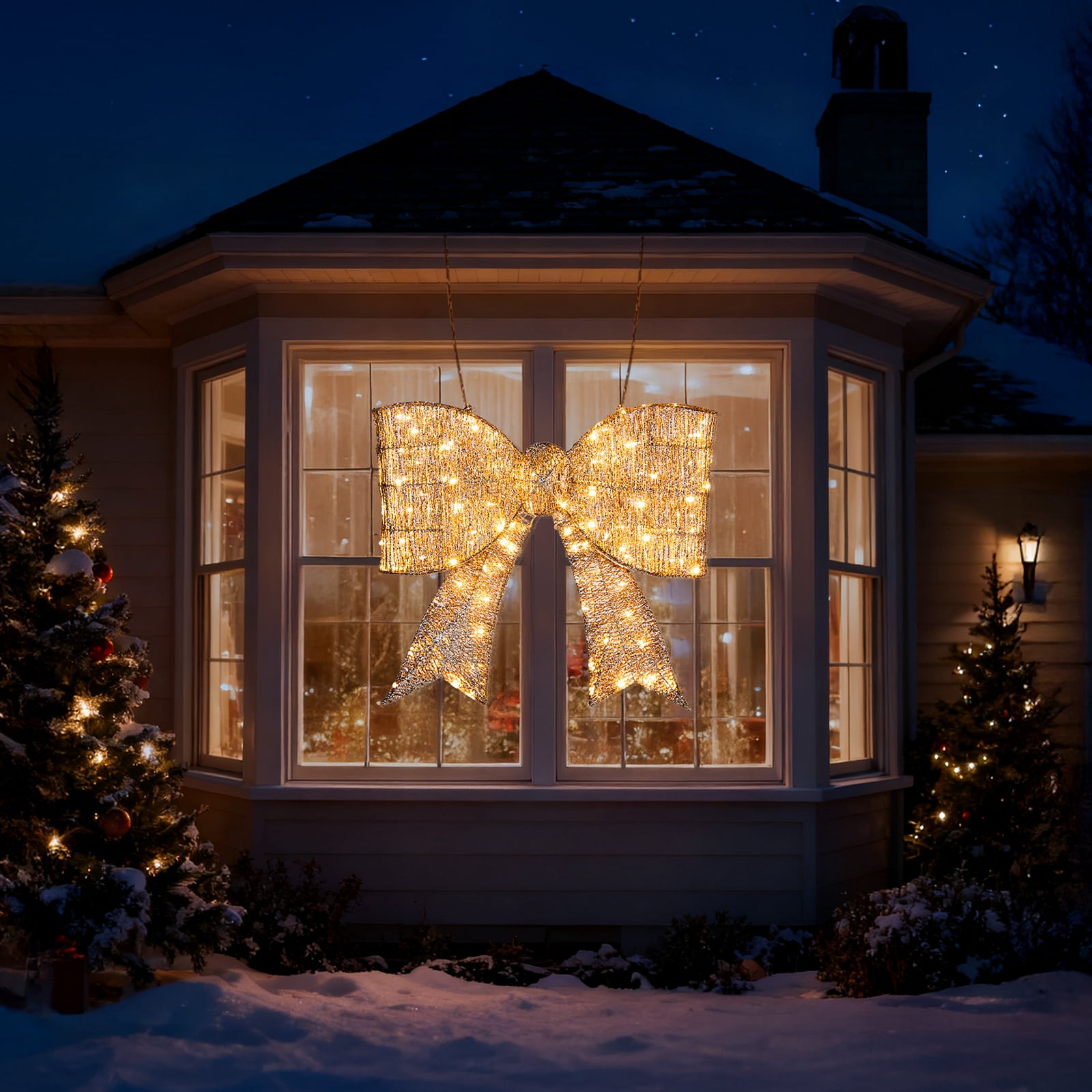 Astoutdoor Pre-Lit Outdoor Giant Bowknot Christmas Decoration, Lighted Metal Frame with 124 Warm White LED Lights, White, 31.1 in