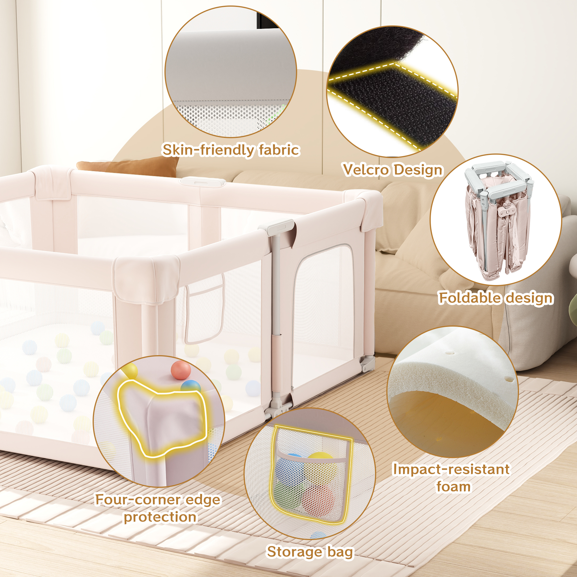 IDEALSOUL Square Baby Playpen, 51”W Baby Playards with Storage Bag, Foldable Child Play Yard with Breathable Mesh for Indoor&Outdoor, Pink