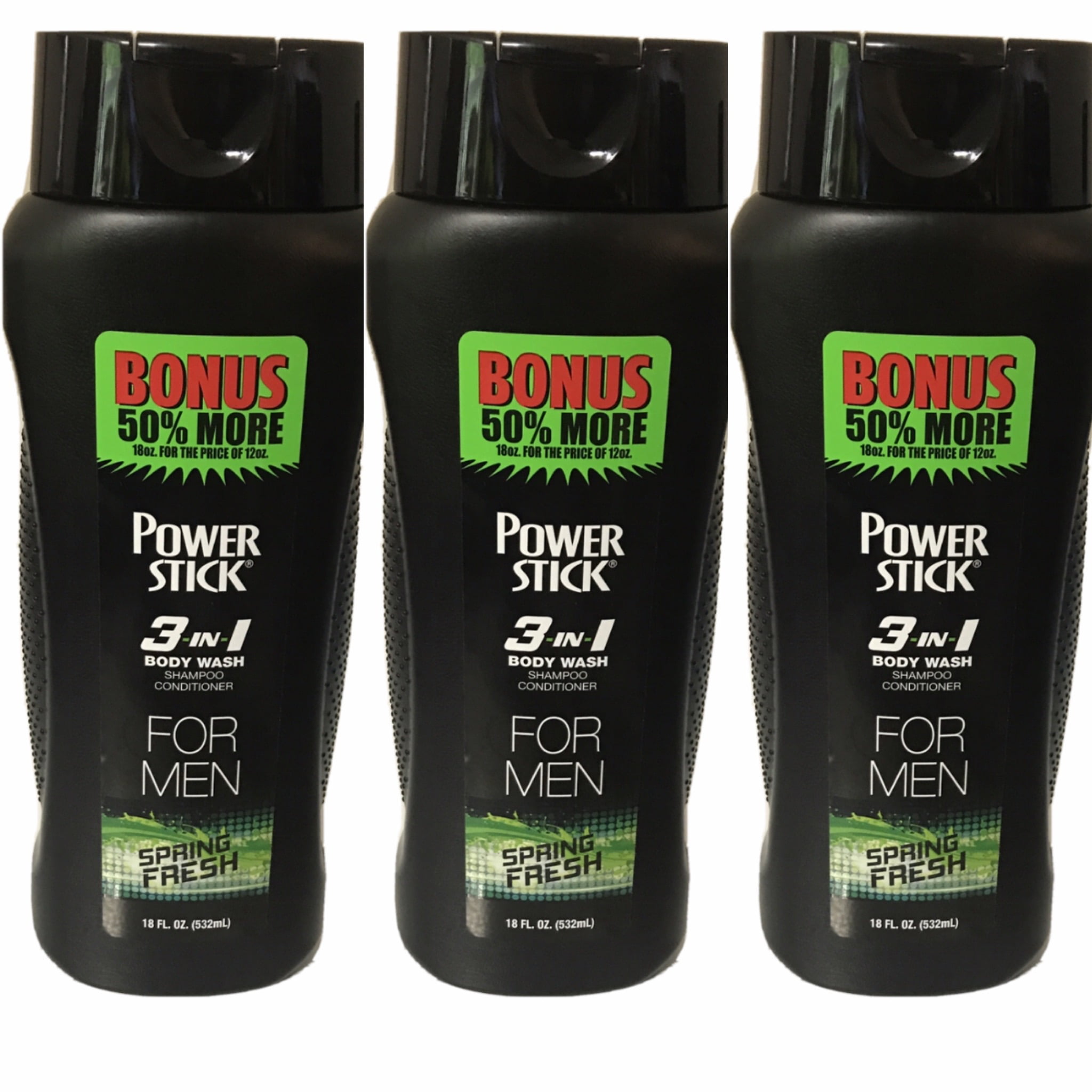 3 Power Stick 3in1 Body Wash, Shampoo & Conditioner For Men Spring Fresh 18 oz Each