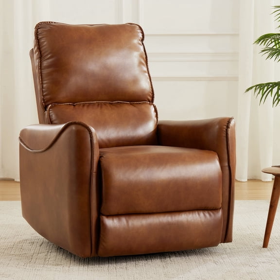 Brown Faux Leather Power Swivel Rocker Recliner Chair, Electric Adjustable Single Sofa with USB Charge Port, 360° Swivel Glider Reclining Armchair for Living Room & Nursery