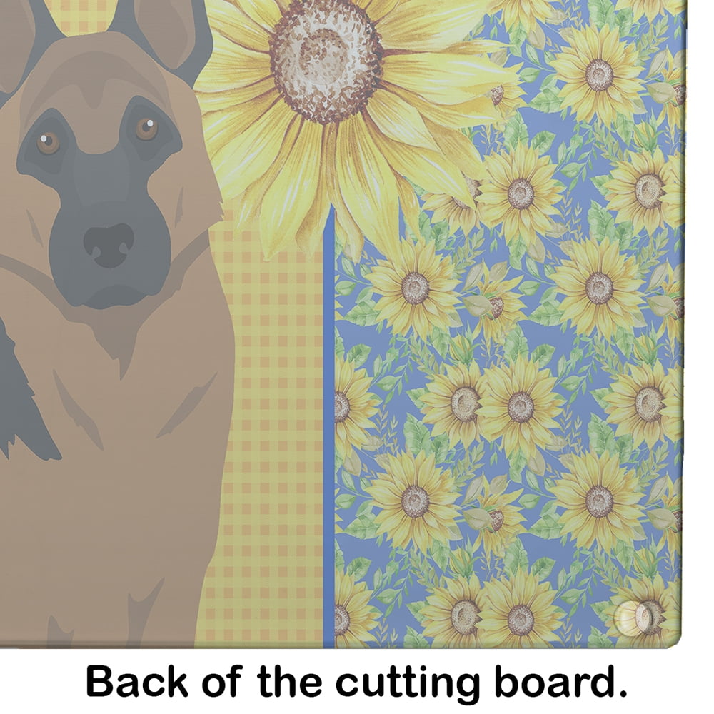 Summer Sunflowers Black and Tan German Shepherd Glass Cutting Board Large 12 in x 15 in
