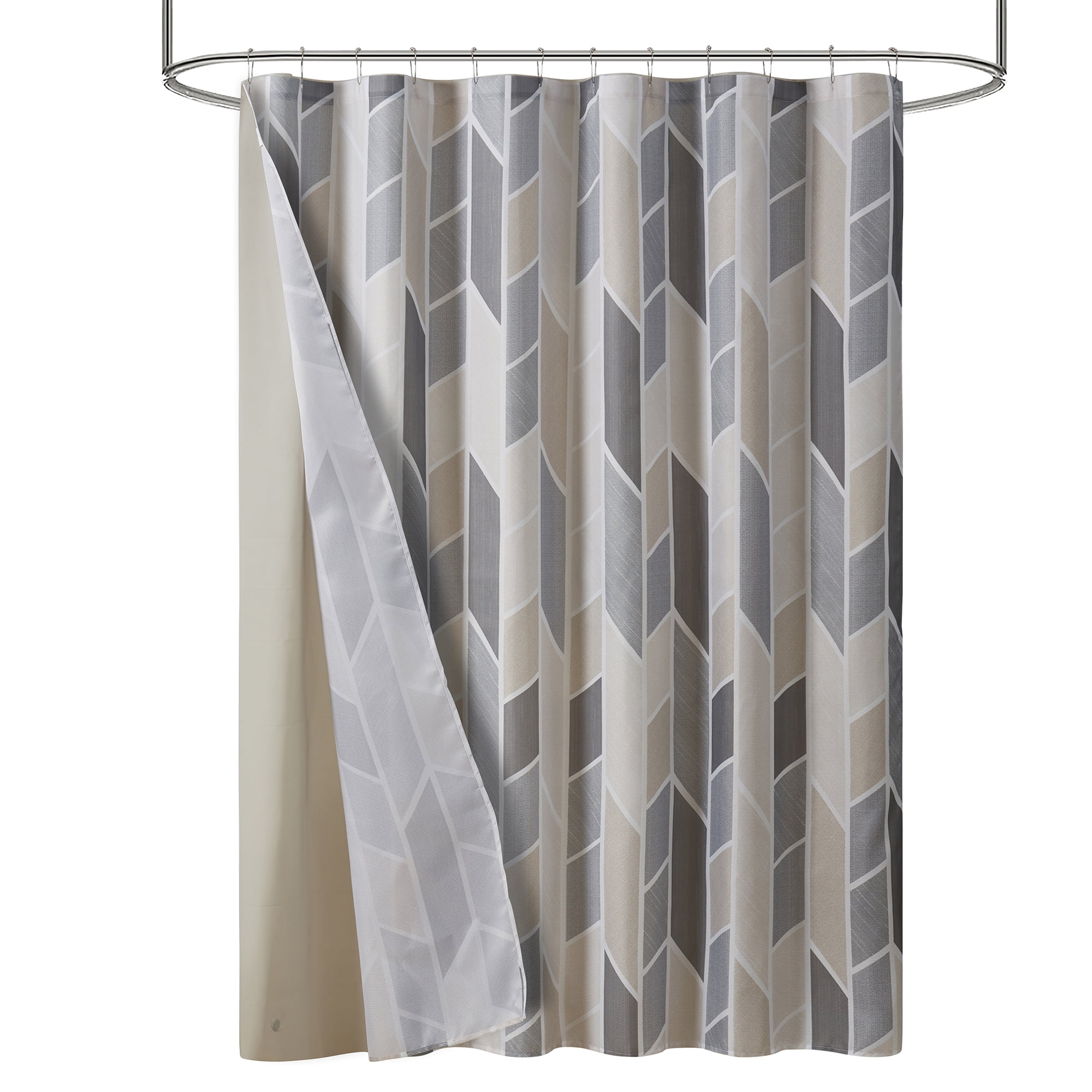 Mainstays 14 Piece Fabric Shower Curtain Set, PEVA Liner & Hooks, Natural Geometric 72" x 72"