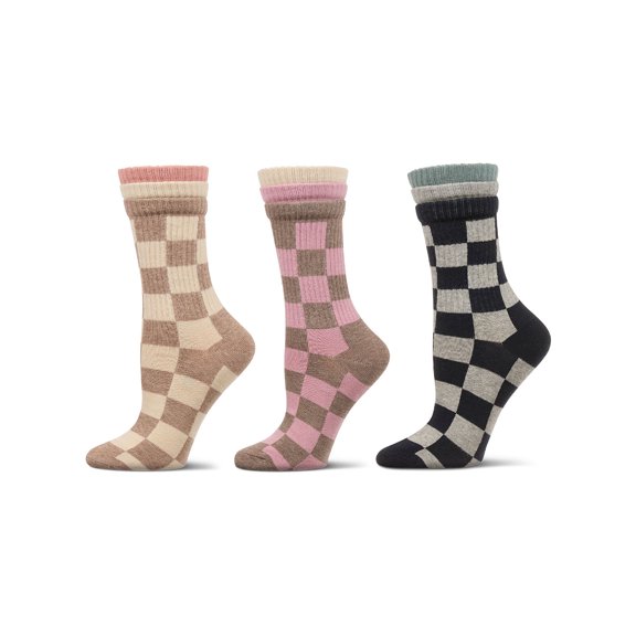 MeMoi Women's 3 Pair Pack Checkmate Triple Cuff Crew Socks - Womens - Female, 9-11, Black-Nude