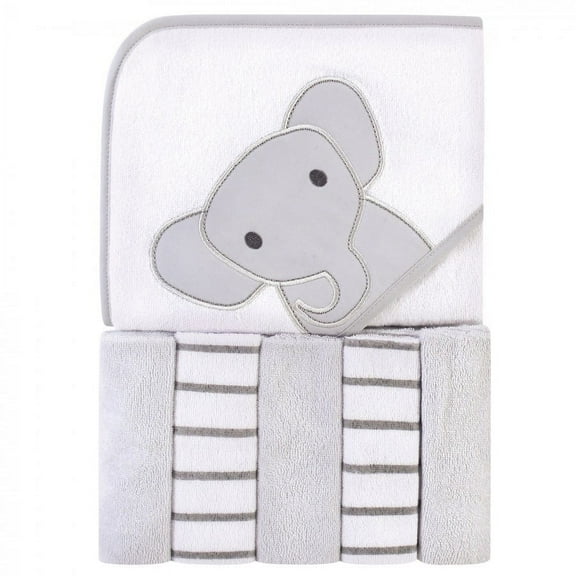 Hudson Baby Infant Unisex Hooded Towel and Five Washcloths, Modern Elephant, One Size
