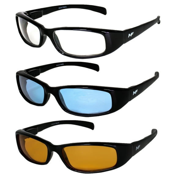 3 Pairs of MF Eyewear Bad Attitude Motorcycle Glasses Shatterproof Polycarbonate Black Frame UV400 Filter Scratch-Resistant Motorcycle Riding Glasses Clear Blue & Orange Lenses