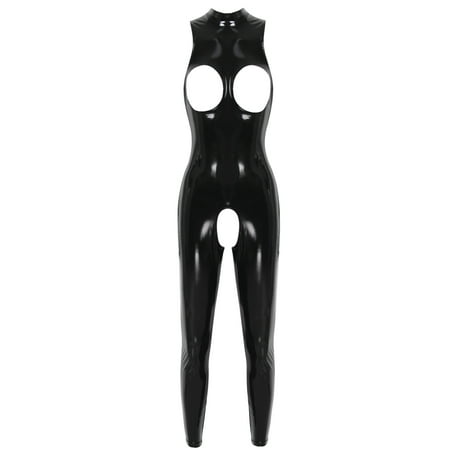 Doomiva Women s Faux Leather Jumpsuit Sleeveless Solid Hollow Out Lingerie Skinny Pants Bodysuits Black S