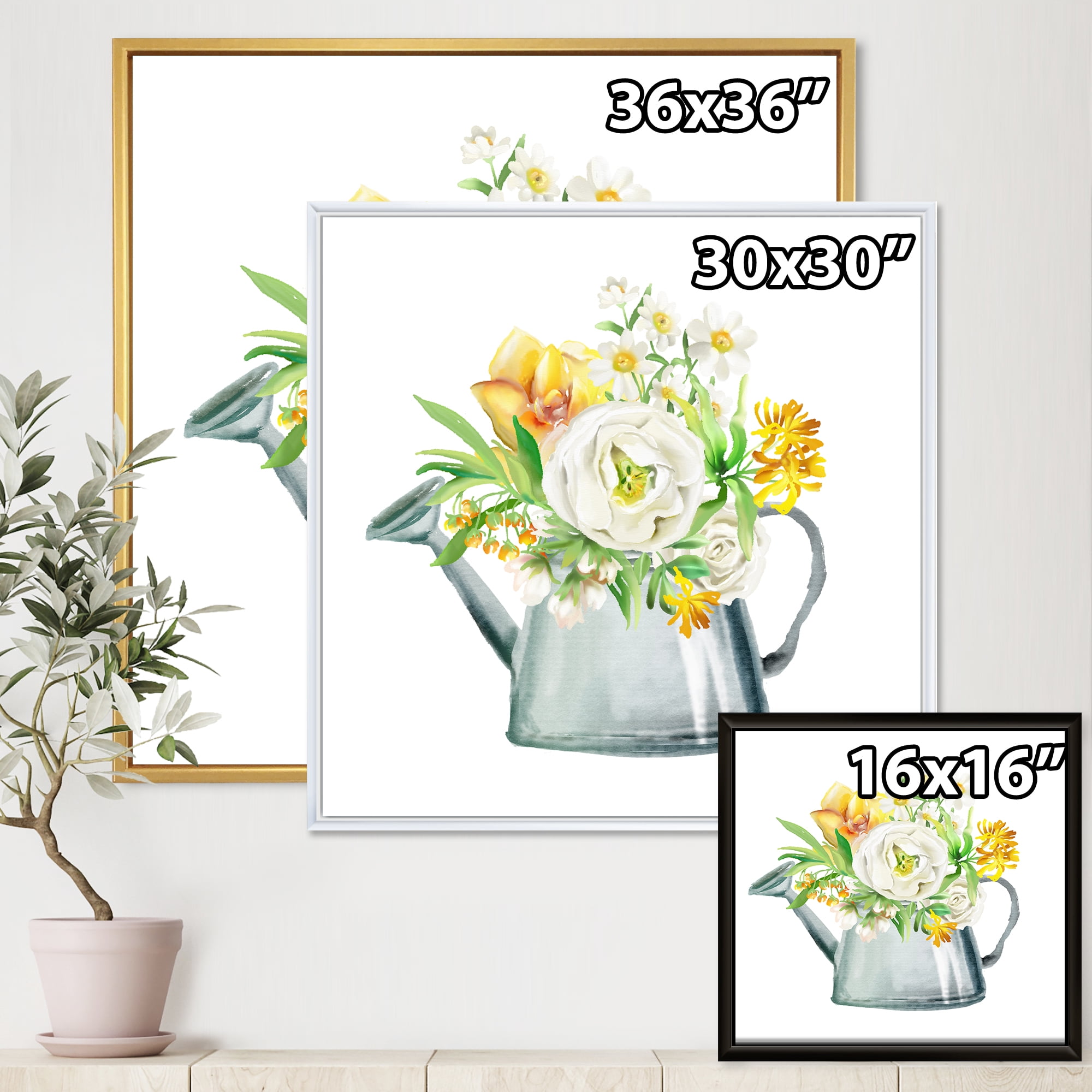 Designart 'Marigolds Roses and Peonies In Garden Watering Can' Farmhouse Framed Canvas Wall Art Print