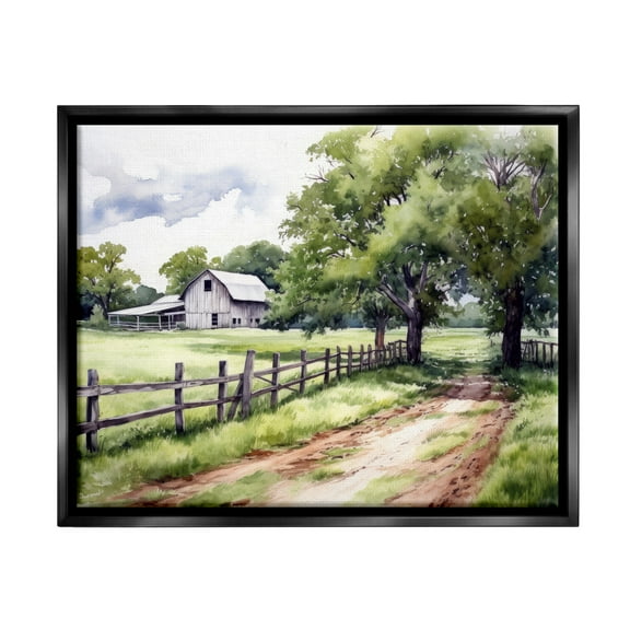 Stupell Industries Countryside Cottage Painting Landscape Painting Black Floater Framed Canvas Art Print Wall Art, 21 x 17