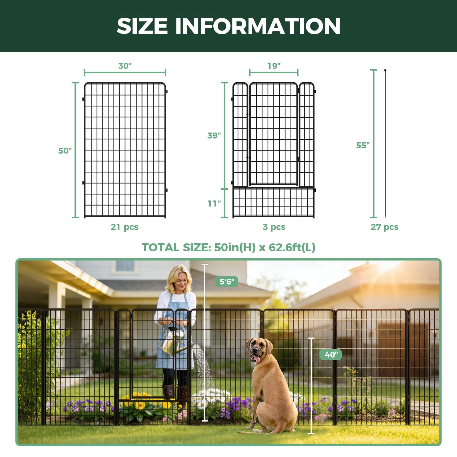 FXW Garden Fence Outdoor for the Yard – 50in(H) x 62.6ft(L) Heavy Duty Metal Animal Barrier for Dog, No Dig Decorative Dog Fence, 24 Panels, Black