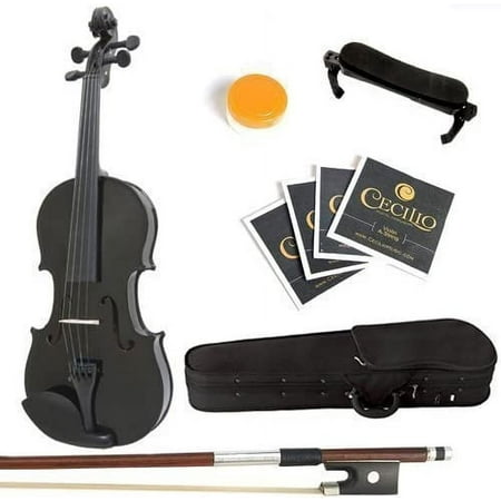 Mendini by Cecilio Full Size 4/4 MV-Black Handcrafted Solid Wood Violin Pack with 1 Year Warranty, Shoulder Rest, Bow, Rosin, Extra Set Strings, 2 Bridges & Case, Metallic Black
