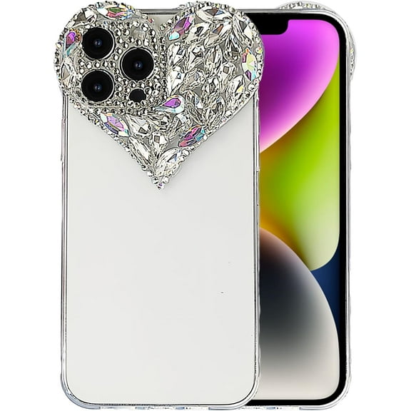 Cute 3D Glitter Case for iPhone 14 Pro Max, Sparkling Aesthetic Heart Gems Bling Case, Pretty shine Colorful Diamond Soft TPU Bumper Case for Women Girl-iPhone 14 Pro Max, Clear