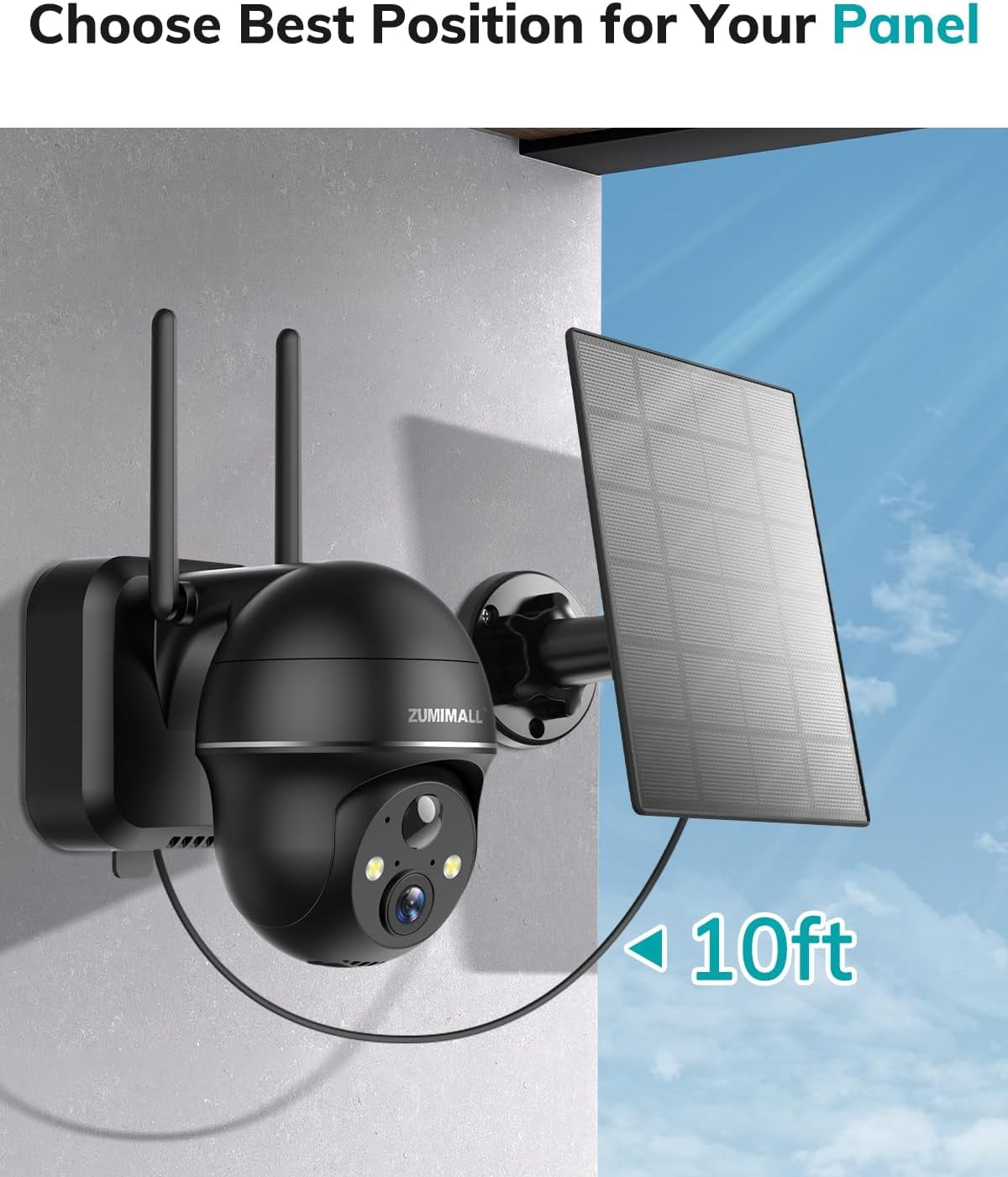 ZUMIMALL 3W Solar Panel for Security Cameras, IP66 Waterproof Solar Panel with 10ft Type C Cable,Black (Type C Port)