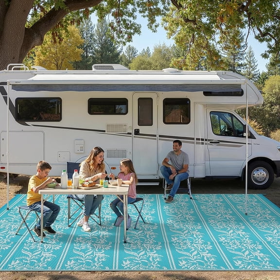9x18 Large Waterproof Reversible Boho Leaf Outdoor Rug for Patio RV Teal and White