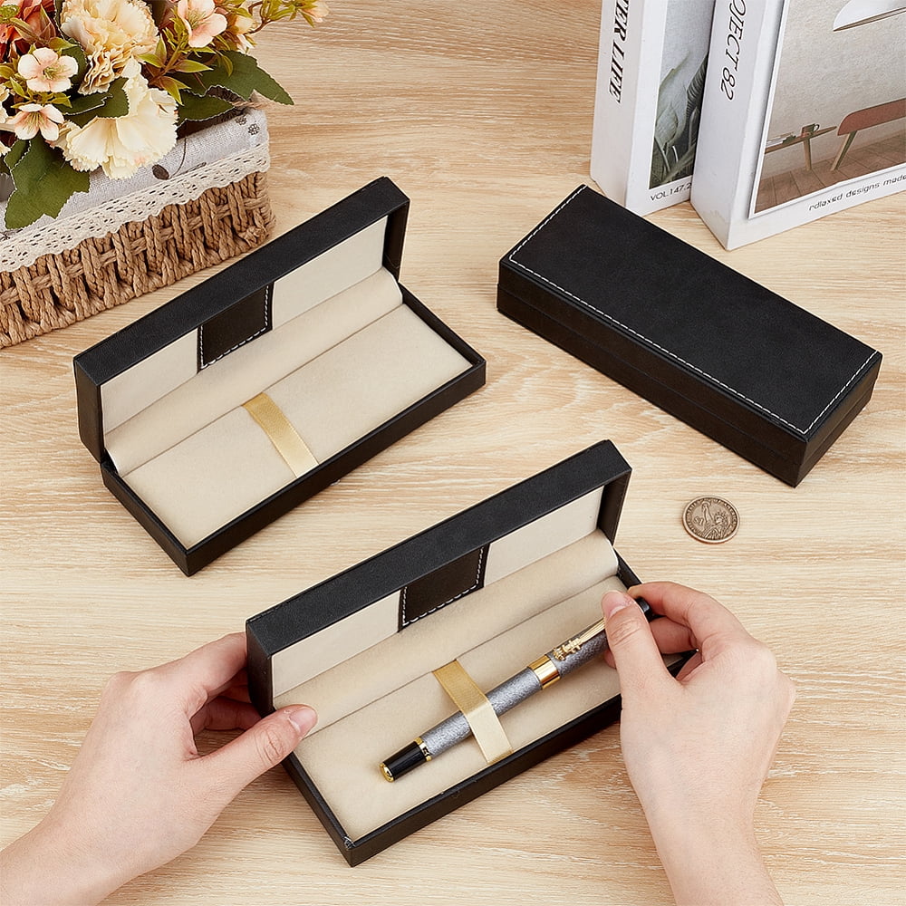 3Pcs PU Leather Long Pen Gift Box 2.67x6.9x1.5 Inch Black Pen Storage Boxes Pencil Boxes Empty Case with Cushion