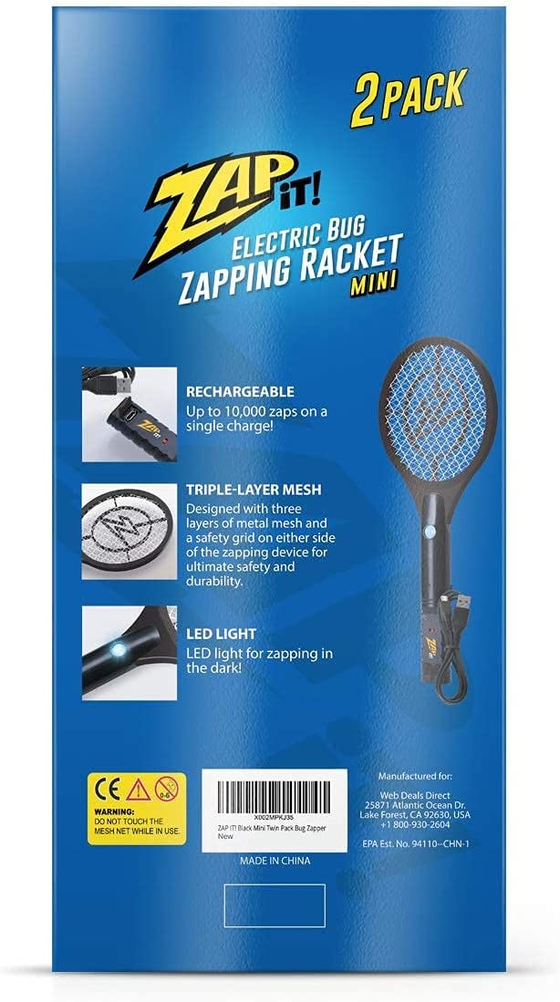 Zap It! Bug Zapper Rechargeable Racket, 4,000 Volt, USB Charging Cable, 2 Pack (Mini, Black)