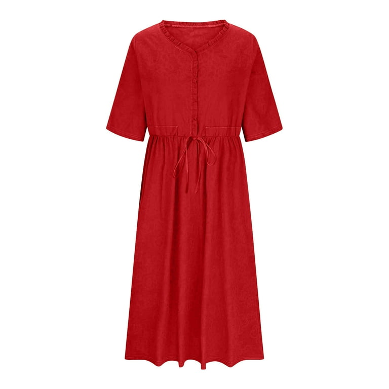 Fmbrln Womens Summer Cotton Dress Fashion V Neck Button Waist Drawstring  Midi Dress with Pockets Casual Loose Vintage Print A Line Sundress -  Walmart.com