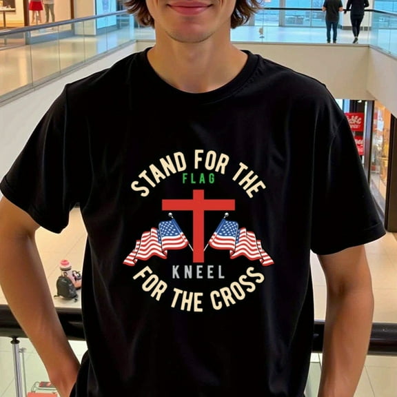 Men'S Patriotic T-Shirt - Stand for the Flag, Kneel for the Cross Design with American Flag & Cross Illustration, 100% Cotton, Crew Neck, Short Sleeve, Regular Fit, Casual All-Season Wear, Ideal f