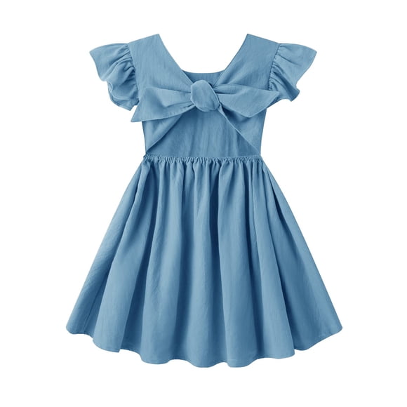 Vestido Dutebare para niñas pequeñas, algodón y lino, con volantes, azul 5-6T