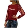 thumbnail image 7 of CheerKidz Women Sheer Mesh Sleeve Top With Paw Print Heartbeat Graphic Casual Comfortable Long Sleeve Round Neck Blouse Fashion Daily Wear T Shirt for Ladies(Red,L), 7 of 7