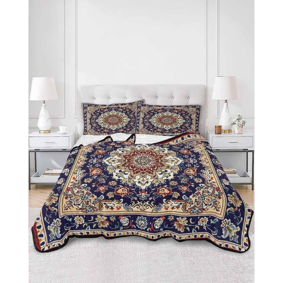 Quilts Twin XL Size, Navy Blue Boho Soft Comforter Bedding Set for Bed, Contemporary Abstract Ethnic Vintage Geometric Lightweight Quilted Bedspread with Pillow Cover(2 Pieces), 68x98 Inch