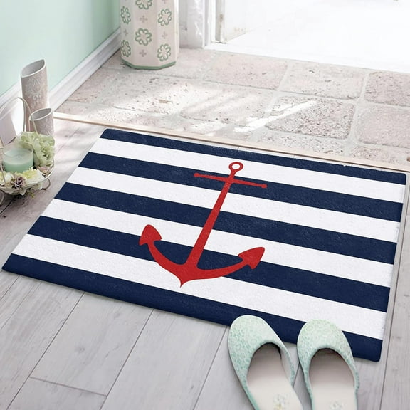 Shag Bath Rugs Nautical Retro Red Anchor on Stripes Plush Soft Fluffy Doormat Floor Carpet, Non-Slip Living Room Bedroom Kitchen Entryway Door Mats Navy Blue and White