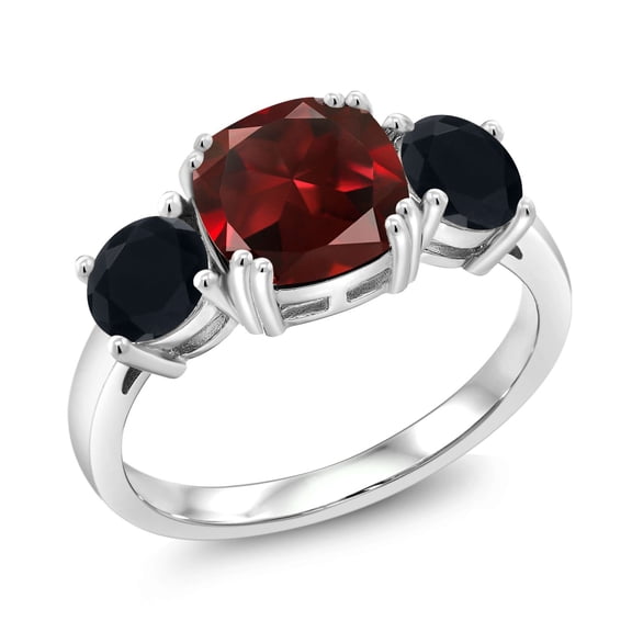 Gem Stone King 925 Sterling Silver Red Garnet and Black Onyx 3 Stone Engagement Ring for Women (3.45 Cttw, Gemstone January Birthstone, Cushion 8MM, Size 7)