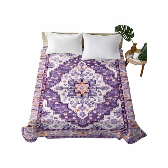 King Flat Sheet 105"x98", Purple Boho Soft Lightweight Bedding Flat Sheets Only, Ethnic Geometric Middle Century Art Brushed Microfiber Top Bed Sheet, Breathable StainResistant Bedsheets