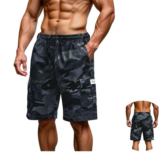 FOPSUFGWFO Men's Cargo Shorts Camo Elastic Mid Waist Drawstring Shorts Knee Length Daily Wear Outgoing Athletic Shorts With Pockets Dark Gray 3XL