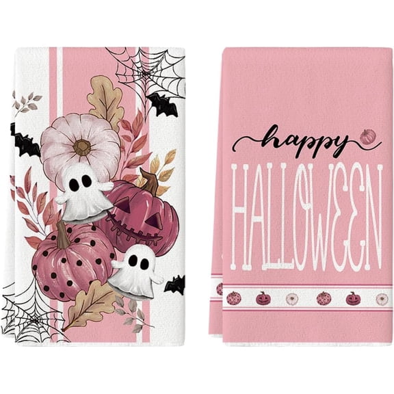 Black Ghost Polka Dot Pumpkin Happy Halloween Kitchen Towels Dish Towels, 18x26 Inch Farmhouse Flower Bat Decoration Hand Towels Set of 2