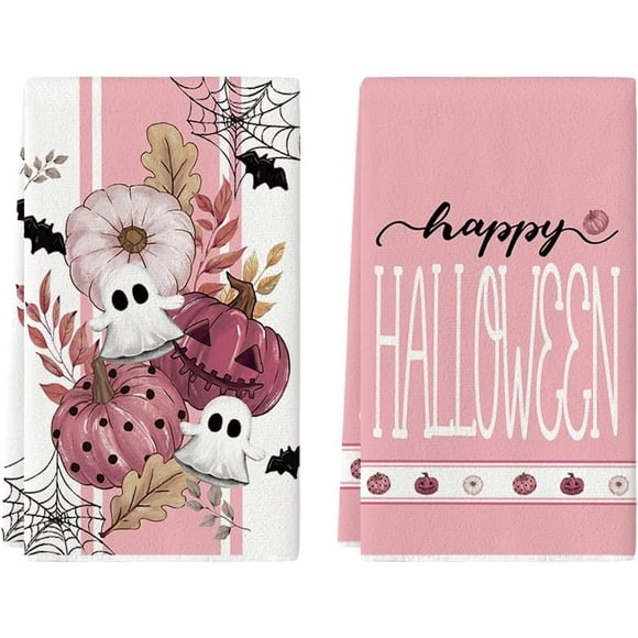 Black Ghost Polka Dot Pumpkin Happy Halloween Kitchen Towels Dish Towels, 18x26 Inch Farmhouse Flower Bat Decoration Hand Towels Set of 2