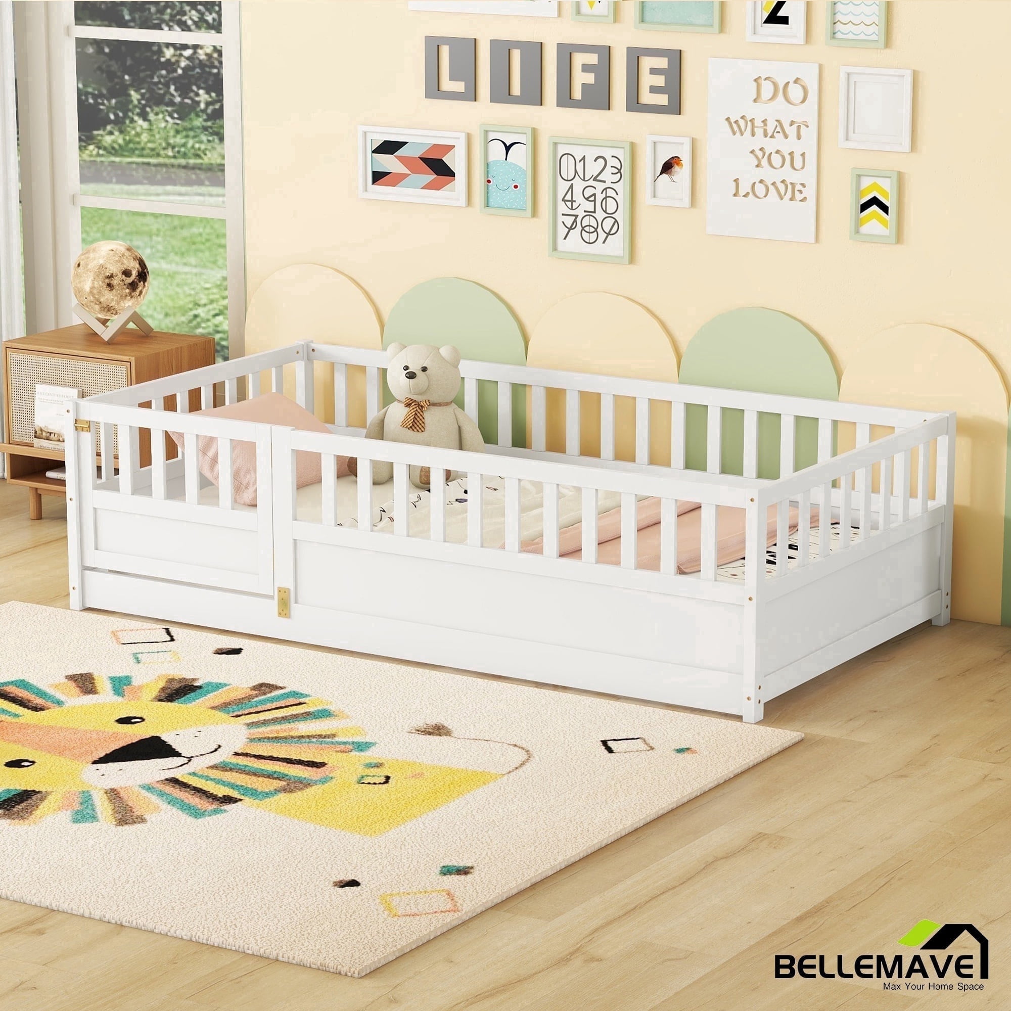 Bellemave Twin Size Floor Bed with Door and High Fence, Twin Size Montessori Floor Bed with Guardrails, Wooden Low-to-Floor Twin Bed Frame Without Slats, Easy Assembly, White