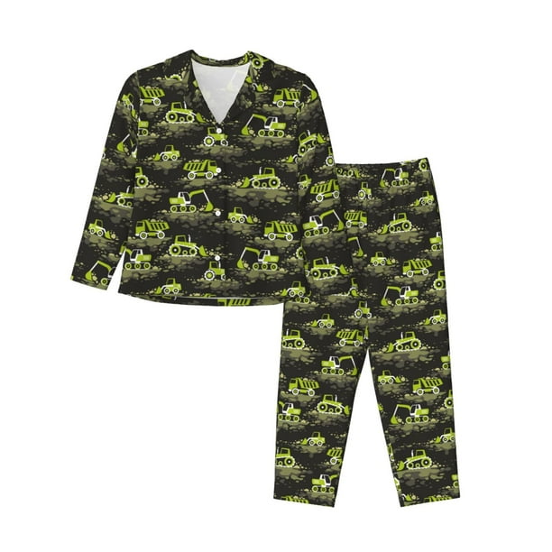 Balery Light Green Excavator Conjunto de Pijama con Estampado para Mujer, Conjunto de Dos Piezas con Manga Larga, Ropa de Dormir Suave con Bolsillos, Pijamas Cómodos-X-Large