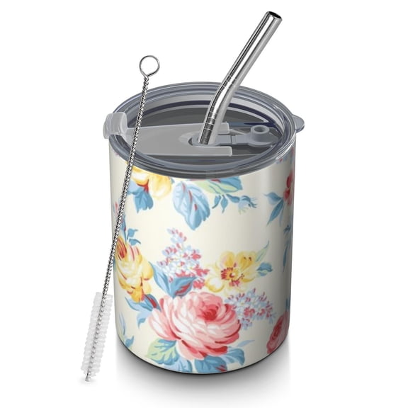 12oz Coffee Tumblers Pioneer Flower Stainless Steel Vacuum Insulated Travel Tumbler Coffee Cups Mug with Lid and Straw with Cleaning Brush for Cold & Hot Drinks
