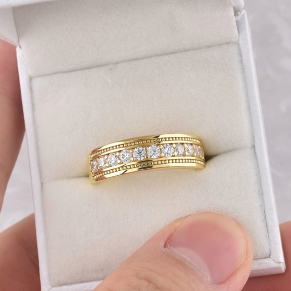 2Ct Round Cut Simulated Diamond Men wedding Bands 14K Yellow Gold Plated Silver Men Rings Promise