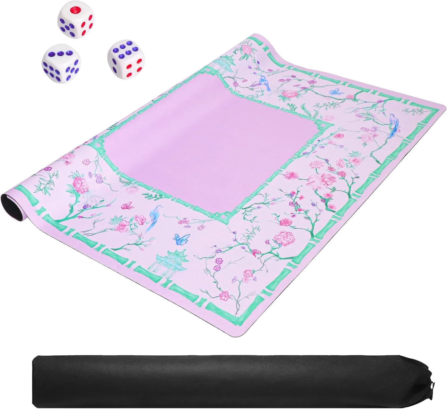 Purple and Green Mahjong Mat (31.5” x 31.5”) with Black Carrying Bag, Anti-Slip, Noise-Reducing Table Cover for Mahjong, Poker, Board Games, Dominoes, and Card Games