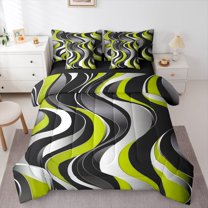 Manfei Adult Modern Geometric Bedding Comforter Set 7pcs, Green Yellow Stripes Queen Bedding Sets, Minimalst Minimalism Reversible Queen Sheet Sets, Microfiber Bedroom Decor