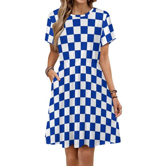 Blue And White Kentucky Checkerboard Dress Fashion Beach Short Sleeve Dresses Female Party Printed Sundress