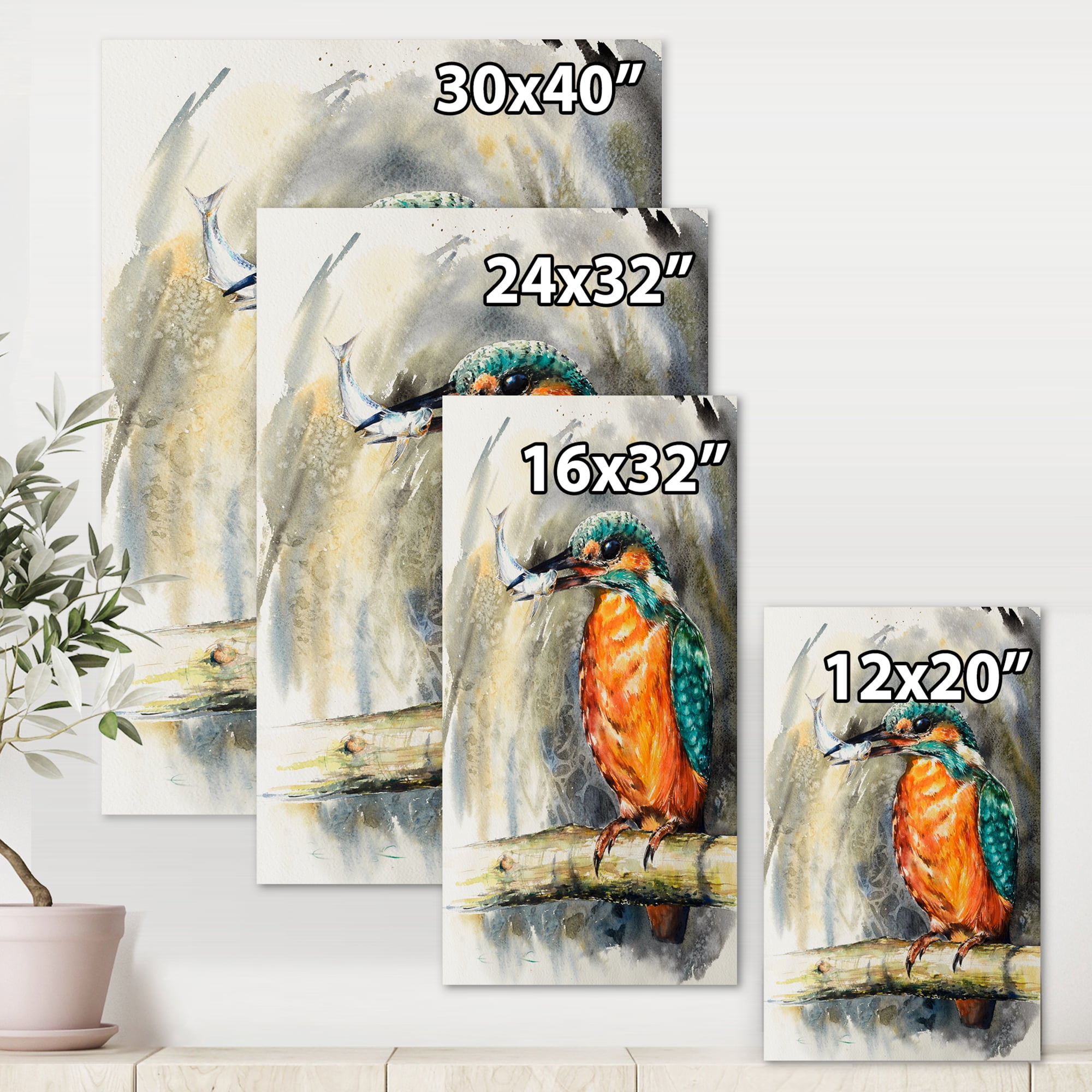 Designart ' Common Kingfisher On Branch Eating A Small Fish ' Traditional Canvas Wall Art Print