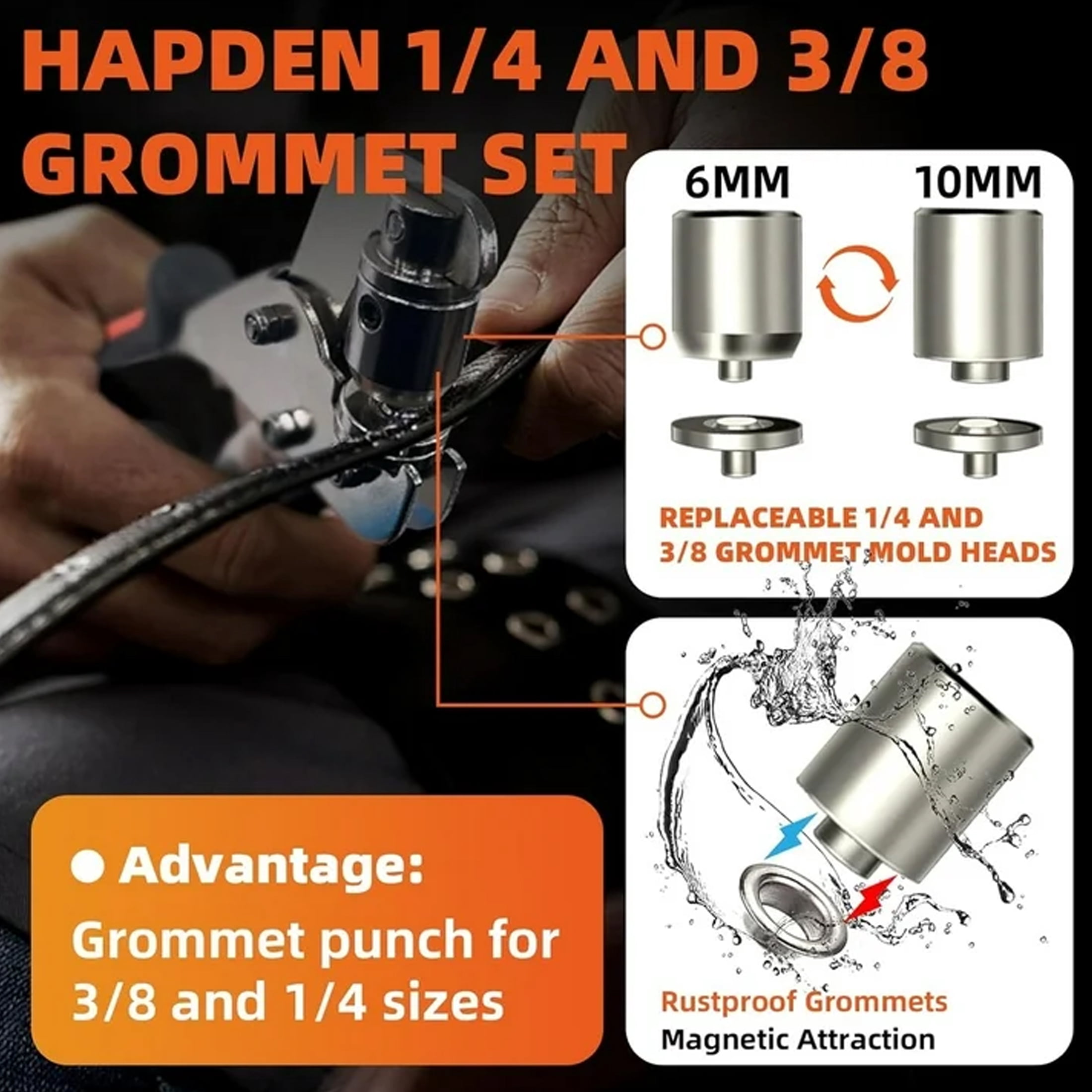 Grommet Tool Kit with Bag, 3/8 and 1/4 Tarp Grommet Kit with 200Pcs 10mm Grommets and 200Pcs 6mm Grommets, Grommets for Fabrics, Tarps, Vinyl and Banners