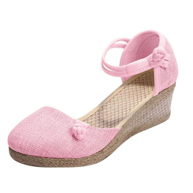 Kcodviy Femmes Dames Rétro Lin Sandales pour Femmes Toile Compensées Bout Rond Sandales à Enfiler pour Femmes Sandales Décontractées Chaussures Simples