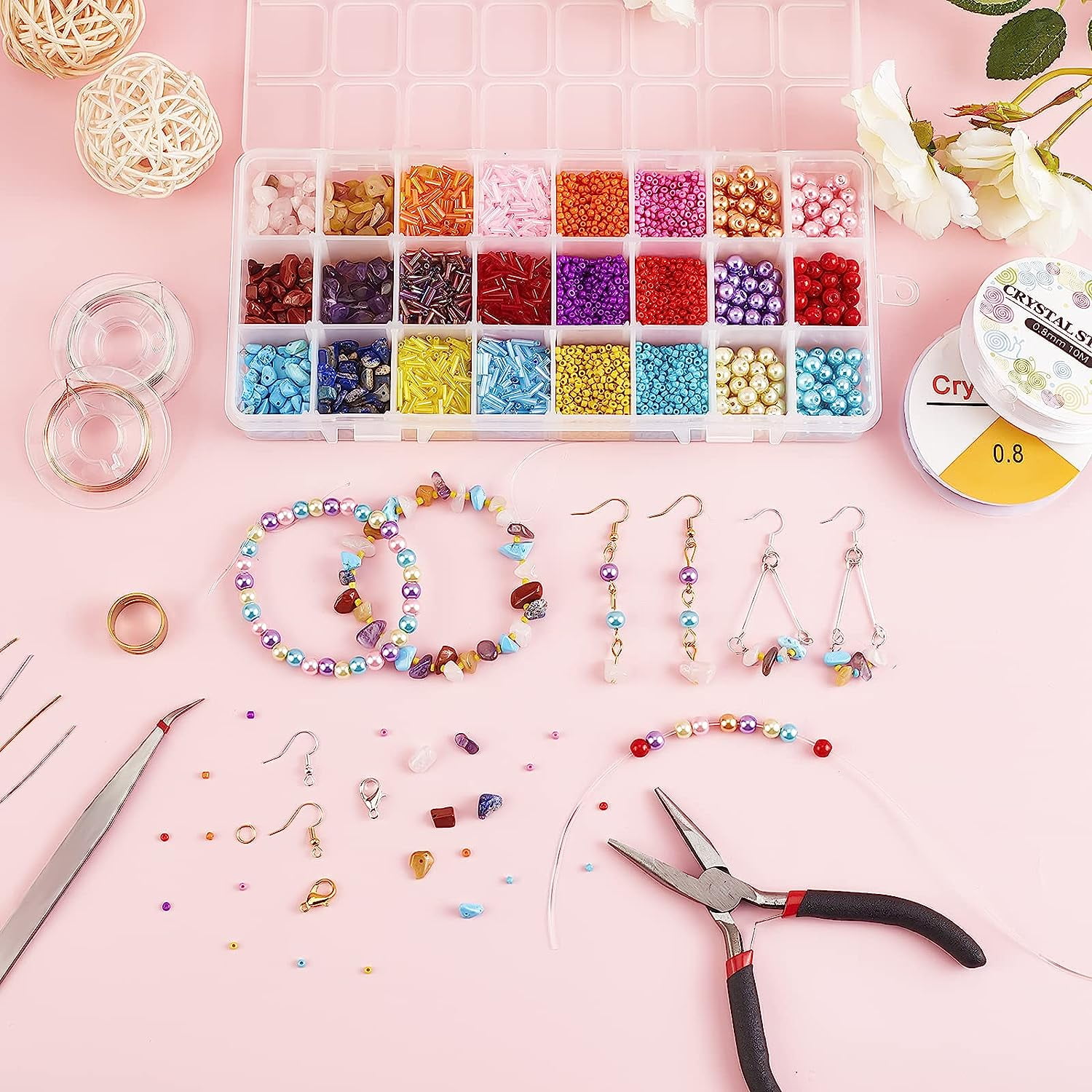 2400 Pcs Mixed Stone Beads Kits with Earring Hooks Spacer Beads Pendants Charms Jump Rings for DIY Jewelry Necklace Bracelet Earring Making Supplies Colorful
