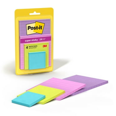 Post-it Super Sticky Notes, Assorted Sizes, Supernova Neons, Lined and Unlined, 4 Pads