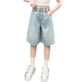thumbnail image 4 of CPNG Girls Baggy Denim Shorts Elastic High Waist Knee Length Jean Jorts Summer Thin Fashion Casual Loose Jeans Shorts(Light Blue,10-11 Years), 4 of 9