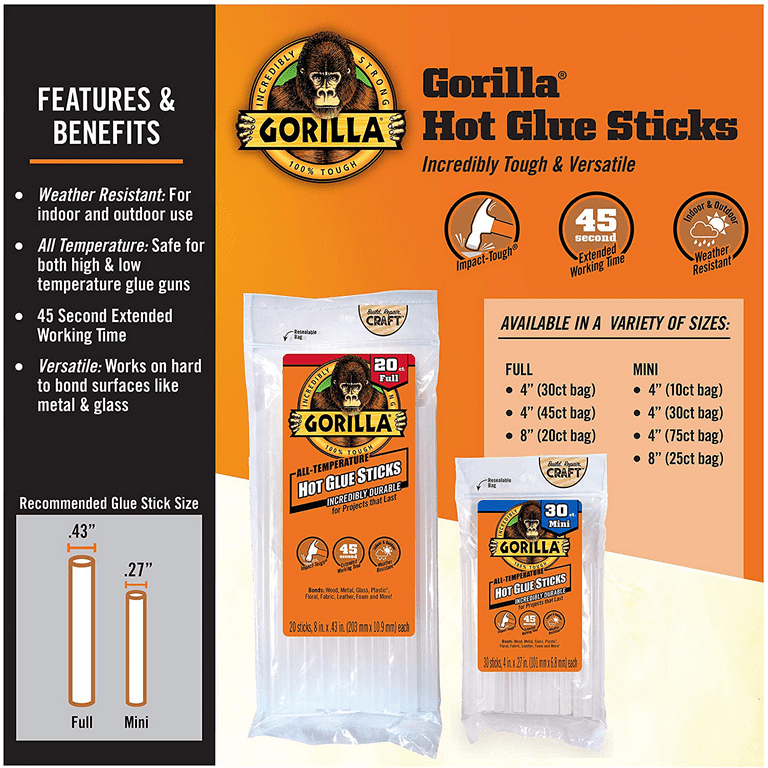 Gorilla Dual Temp Mini Hot Glue Gun Kit with 30 Hot Glue Sticks, (Pack of  1) 