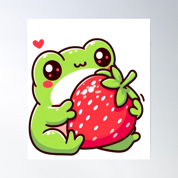 Kiwaii Frog With Strawberry Card Poster Wall Art, Modern Wall Decor, 16x16 UNFRAMED