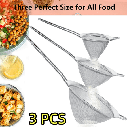 3pcs Stainless Steel Conical Strainers - 3", 4" & 5.5" Sizes - Chinois Style, Extra Fine Twill Mesh Sieve, Stainless Steel Strainers and Colanders for Kitchen