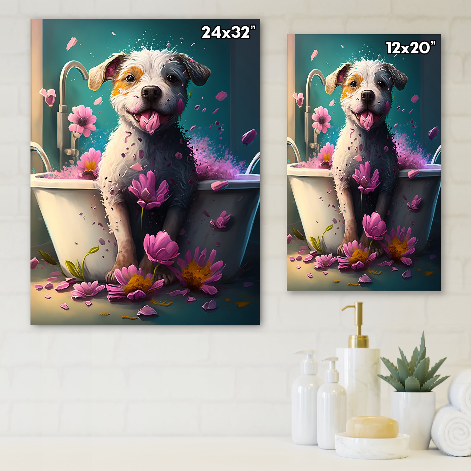 Designart Colorful Cartoon Dog In The Tub Canvas Wall Art