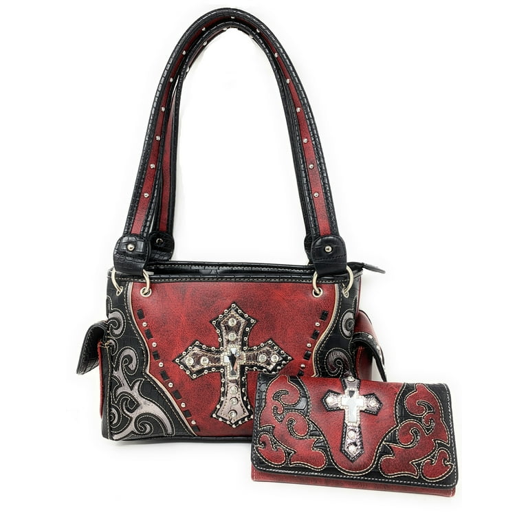Laser Cut Premium Rhinestone Cross Western Embroidered Handbag With Matching Wallet in 6 Color