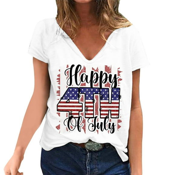 TSADFHJI Peplum Tops for Women Winter Women Fashion July 4Th Independence Day Print V Neck Short Sleeve T Shirts Tops L White