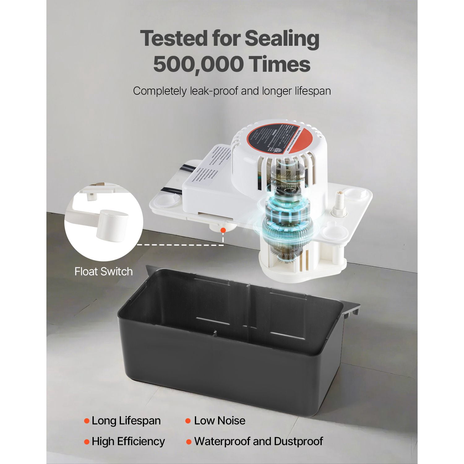 Condensate Removal Pump 1/50 HP, 65 GPH, 24 ft Max Head, 1/2 Gal Tank, Float Switch, for Air Conditioner Dehumidifier